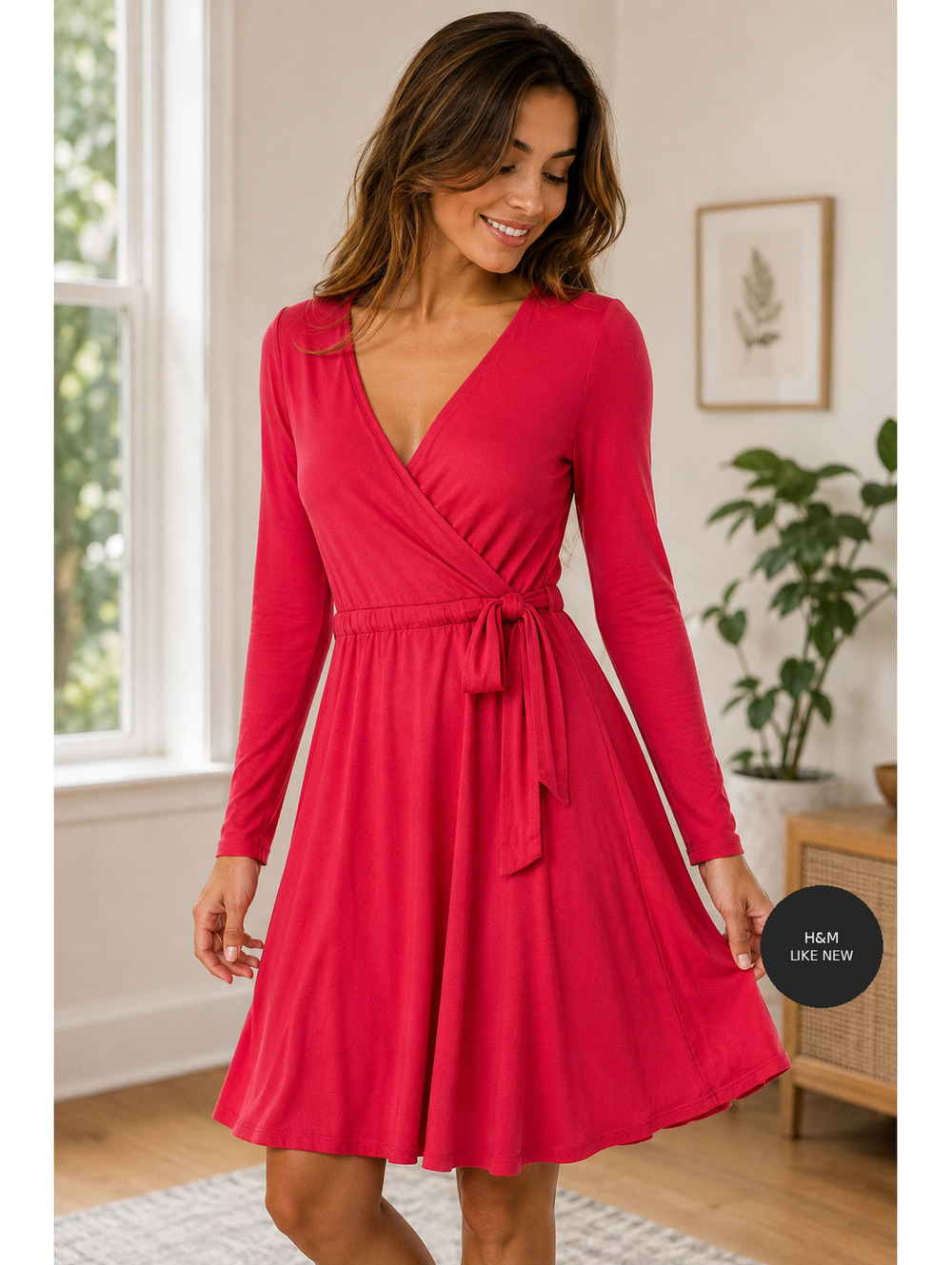 H&M | XS | Coral Red Long Sleeve Wrap Tie Waist Dress